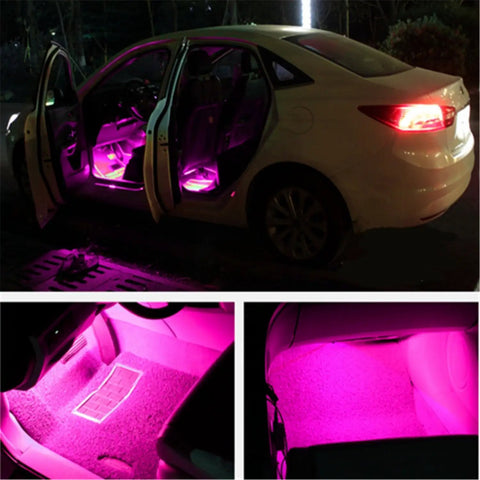 Under Dash Car LED Strip Light Kit 4 Pack 48 LEDs Waterproof Interior Neon Accent Strip For Cars DC 12V Pink Mood Lighting Easy To Install Hides Under Dash For Cozy Cabin Glow in a car.