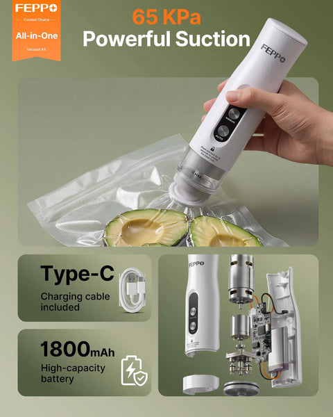 Compact Food Vacuum Sealer With 65KPa Suction, Auto And Manual Modes, Grab-and-Go Portable Handheld Design, Includes 3 Containers And 10 Reusable Bags, Anti-Overflow Travel Lock, Easy-Clean For Fresh Meals