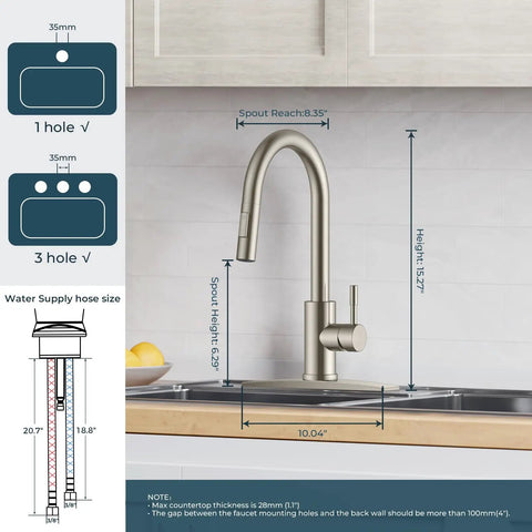 Badass Brushed Nickel Kitchen Faucet With Pull Down Sprayer And Dual Spray Patterns High Arc Gooseneck Design dimensions and specifications