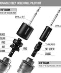 Diagram of drill bit components from Go-To Heavy Duty Bi-Metal Hole Saw Kit 21-Piece With 14 HSS Blades, 7/16 and 3/8 shank.