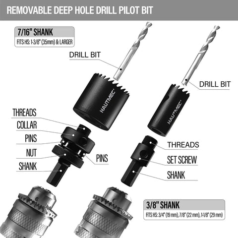 Diagram of drill bit components from Go-To Heavy Duty Bi-Metal Hole Saw Kit 21-Piece With 14 HSS Blades, 7/16 and 3/8 shank.