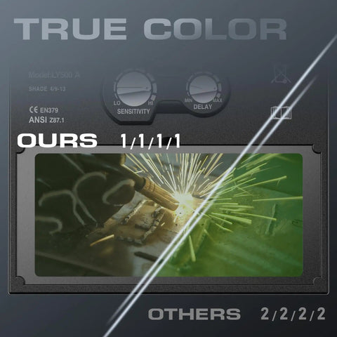True Color Auto Darkening Welding Helmet 4/9-13 Shade For Stick MIG TIG Welding, Arc Sensors, close-up of welding lens