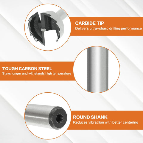 Carbide tip and round shank details of the 16 Piece Forstner Bit Set Heavy Duty Woodworking Drill Bits.