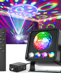 Disco Ball Party Lights 5 In 1 Sunset Light System with colorful beams, remote, and adapter in a vibrant room scene.