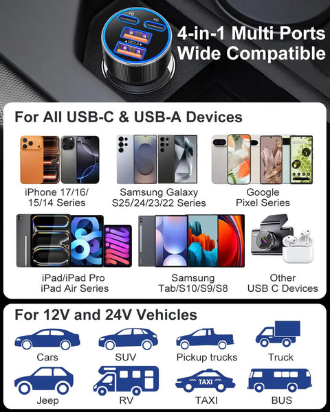 Beast Mode Ninety Watt Usb C Car Charger With Four Quick Charge Ports For Seamless IPhone Plus Samsung Galaxy Boost On Any Journey With Pd Pps Fly Wire Tech, showing ports in car console.