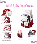 Color Blocking Rolling Backpack For Girls With Wheels Kawaii Trolley Bag For Primary Students with multiple pockets visible.