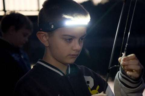Child wearing Your Go To Rechargeable Tactical Headlamp With 230 Degree Wide Beam LED USB C Powered Motion Sensor 350 Lumens