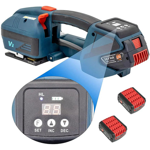 Upgrade Your Packing Game With This Badass 3-In-1 Electric Strapping Machine, featuring battery display and additional battery packs.