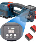 Heavy Duty Electric Strapping Machine With 4000 Mah Battery Powered Handheld Baler Tool for 1/2 to 5/8 inch steel strap showing detailed display screen.