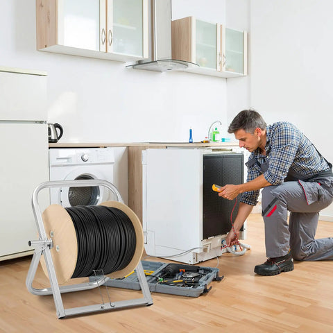 Industrial Steel Cable Reel Holder Heavy Duty Spool Rack Dispenser in use during appliance repair