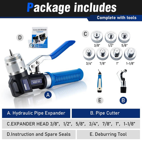 Pro Grade Copper Tube Expander Hydraulic Swaging and Expanding Tool Kit With Seven Interchangeable Heads package details
