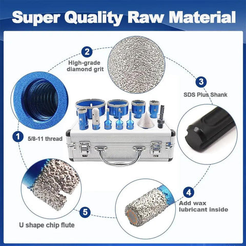 Diamond Core Drill Bit Set For Porcelain Tile Ceramic Marble Granite, 6-100mm kit with chamfer bit, 5/8-11 adapter shown