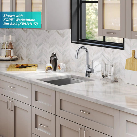 Modern kitchen with Oletto Single Handle Kitchen Bar Faucet In Chrome Finish, 12 1/4 Inch Height, seamless QuickDock installation.