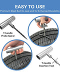 Close-up of T-handle probe and insertion tool from Universal Tire Repair Kit For Cars Trucks Motorcycles And RVs Heavy Duty Roadside Ready Patch Kit With 36 Pcs Included T Handle Insertion Tools Probes 4 Inch Patches Valve Caps Valve Tool Lubricant And More.