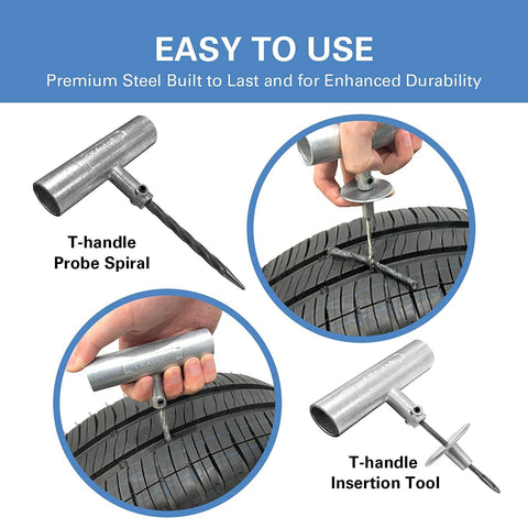 Close-up of T-handle probe and insertion tool from Universal Tire Repair Kit For Cars Trucks Motorcycles And RVs Heavy Duty Roadside Ready Patch Kit With 36 Pcs Included T Handle Insertion Tools Probes 4 Inch Patches Valve Caps Valve Tool Lubricant And More.