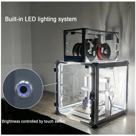 24 Inch Clear Acrylic 3D Printer Enclosure With Ventilation, Led Light, Thermometer And Hygrometer, showcasing printer inside