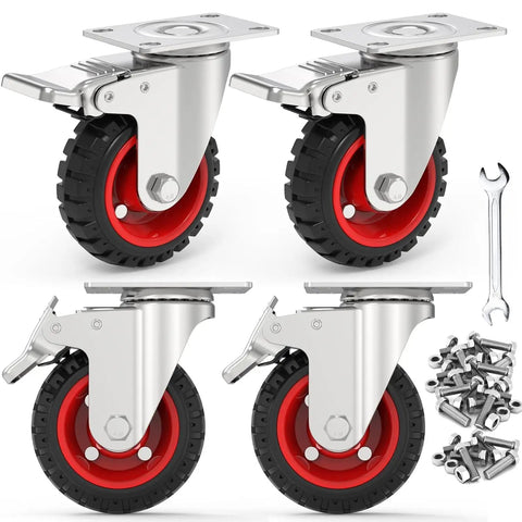 4 Inch Heavy Duty Swivel Casters With Dual Lock Safety Brakes And Non Marking Rubber Tires for workbenches and carts, Pack of 4.