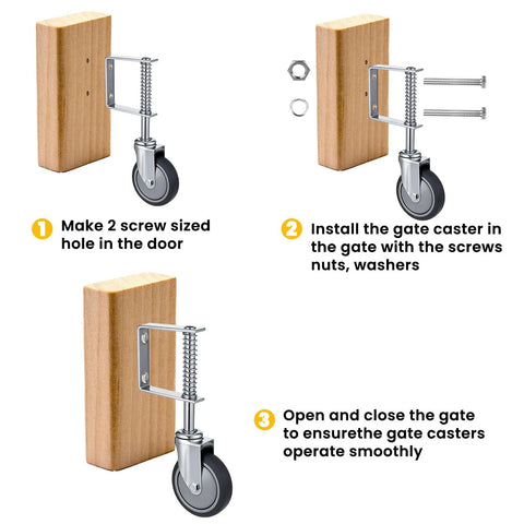 Installation guide for Heavy Duty Gate Wheel Spring Loaded Casters 4 Inch Sliding Gate Wheels with 250 Lb Load Capacity on wooden gates.