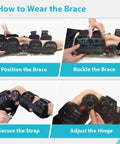 Hinged Knee Brace For ACL MCL PCL And Arthritis Post Op Support With Comfort First Design Soft Breathable Lining Cushioned Padding Adjustable Straps For a secure all day fit, shown being positioned and buckled