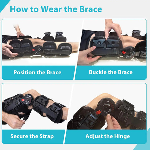 Hinged Knee Brace For ACL MCL PCL And Arthritis Post Op Support With Comfort First Design Soft Breathable Lining Cushioned Padding Adjustable Straps For a secure all day fit, shown being positioned and buckled