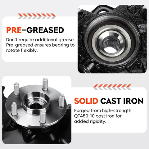 Front Left Steering Knuckle And Wheel Bearing Hub Assembly For Honda Civic 2006 Through 2011 Driver Side Not Si Or Mugen Si Models Direct Fit Replacement Durable Rust Resistant Build Easy Install; close-up of pre-greased bearing and solid cast iron hub.