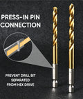 amoolo hex shank drill bit set, titanium-coated HSS bits in gold, 2 pieces shown with press-in pin connection