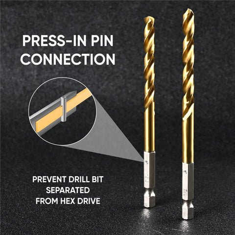 amoolo hex shank drill bit set, titanium-coated HSS bits in gold, 2 pieces shown with press-in pin connection