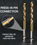 One Quarter Inch Impact Drill Bit Set Ten Pieces Titanium HSS Twist Bits With Hex Shank showing press-in pin connection