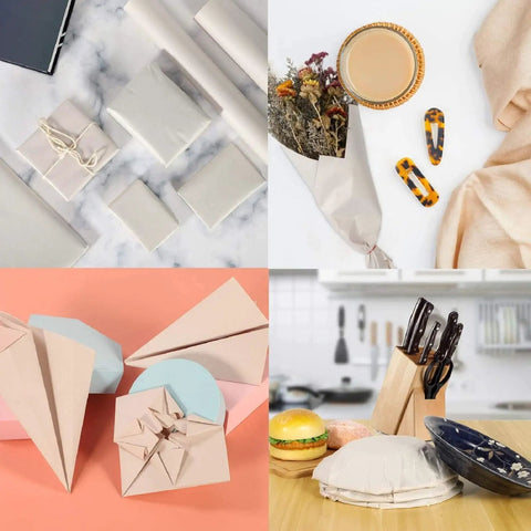 70 Sheets Newsprint Packing Paper for Moving and Shipping used in different wrapping scenarios, including packages and dishware.