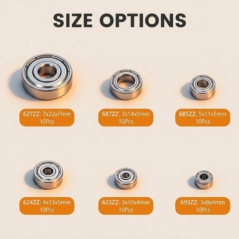 Image showing size options for 60 Pack Deep Groove Ball Bearings Carbon Steel Assortment Kit for various applications.