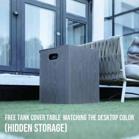 Free tank cover table on a patio, matching the wood-look desktop color, adjacent to an outdoor lounge chair, with hidden storage feature.