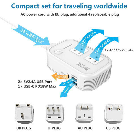 Compact Travel Voltage Converter 220V To 110V with 4 USB Ports and universal plug adapters for hair styling tools, EU plug featured