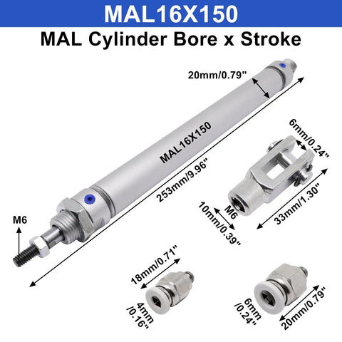 Mini Pneumatic Cylinder 16mm Bore 150mm Stroke Double Acting With Y Connector And Two Pneumatic Quick Fittings MAL16x150