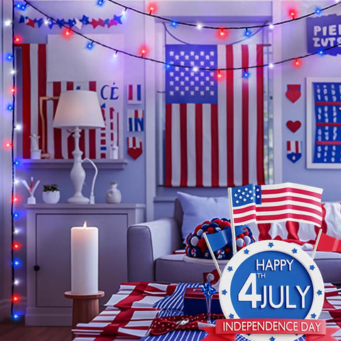 Room decorated with 4Th Of July 95Ft 240LED Red White And Blue String Lights Extra Long Connectable Waterproof Twinkle Lights.