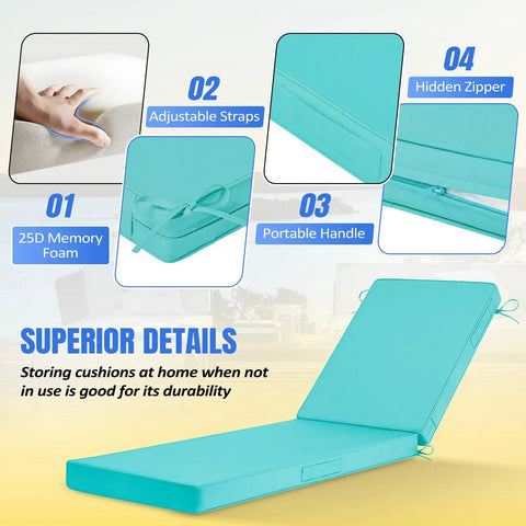 Teal Yard-Ready Two-Piece Outdoor Chaise Lounge Cushions Set With 3-Layer Waterproof Removable Covers And Ties, features detail.