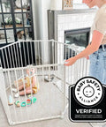 Adult and toddler with 3 In 1 Metal Superyard Baby Play Yard With 6 Panel Playpen, Gate, And Extra Wide Fence For Toddlers, Taupe Safety Gate