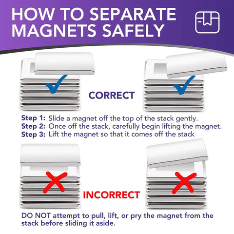 Guide on safely separating Ultra Strong Neodymium Square Magnets Pack Of 6 1.16 Inch Square By 1/8 Inch Thick Rare Earth Fridge Magnets.