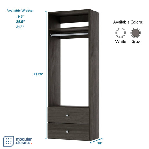 Straight Up Game Changing Modular Closet Organizer With Two Drawers And Extra Shelf For Hanging Short Garments And Folded Fits In Heavy Duty Grey Frame, 71.25" tall.