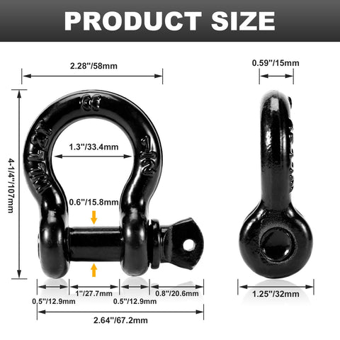 Beefy Half Inch D Ring Shackles With Nine Sixteenth Inch Screw Pins 26,400 LB Break Strength showing product size dimensions