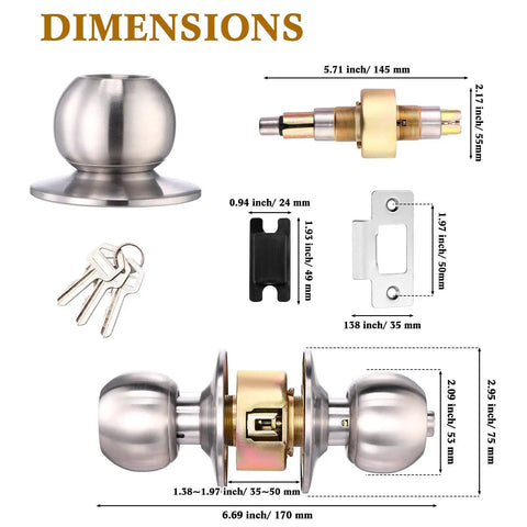 Dimensions of 18 Piece Stainless Steel Door Knob Set With Lock And Key Privacy Lock Ball Door Handles shown in detail