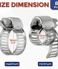 Eight Piece Stainless Steel Hose Clamps Kit Adjustable From 2/5 To 5/8 Inch 10-16mm with size dimensions shown