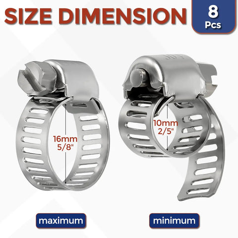 Eight Piece Stainless Steel Hose Clamps Kit Adjustable From 2/5 To 5/8 Inch 10-16mm with size dimensions shown