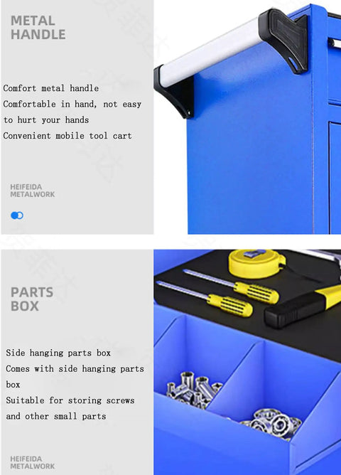 Rolling Tool Cabinet Cart With Wheels And Handle 2 Drawers And 2 Doors Heavy Duty Workshop Storage Chest In Blue Style 2 metal handle and side parts box