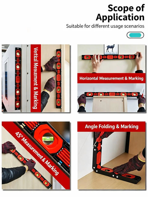 Multi-Fold Magnetic Spirit Level Measuring Ruler For Woodworking, Home, showing vertical, horizontal, and angle measurements in various uses.