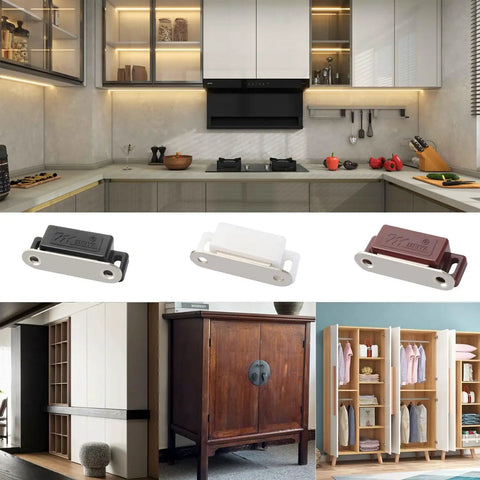 4 Pack Cabinet Magnetic Catch Set for Doors and Drawers Brown displayed in kitchen and closet settings
