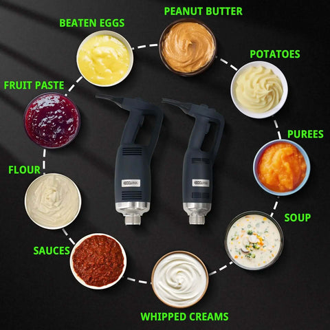 Heavy Duty Commercial Immersion Blender 500 Watt Variable Speed Hand Mixer With 16 Inch Removable Shaft next to various mixed foods.