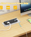 Recessed Pop Up Power Strip for Countertop and Desk, Hidden Charging Outlet with Metal Casing, 6 Ft Extension Cord in use on desk