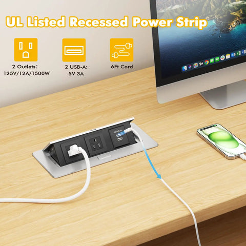 Recessed Pop Up Power Strip for Countertop and Desk, Hidden Charging Outlet with Metal Casing, 6 Ft Extension Cord in use on desk