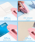 Collage showcasing 1/4 Inch Hole Punch Handheld Heavy Duty Paper Puncher with Silicone Grip used on postcard, paper, bank card, thin leather
