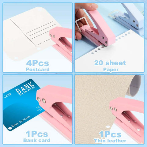 Collage showcasing 1/4 Inch Hole Punch Handheld Heavy Duty Paper Puncher with Silicone Grip used on postcard, paper, bank card, thin leather